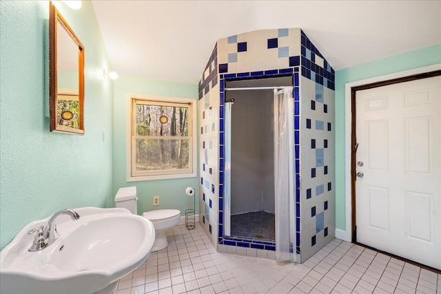 full bathroom featuring toilet, a stall shower, tile patterned flooring, and a sink