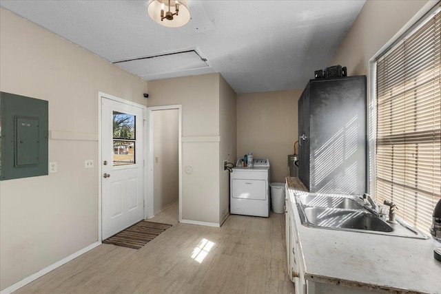 kitchen with washer / dryer, sink, white cabinetry, electric panel, and light hardwood / wood-style floors