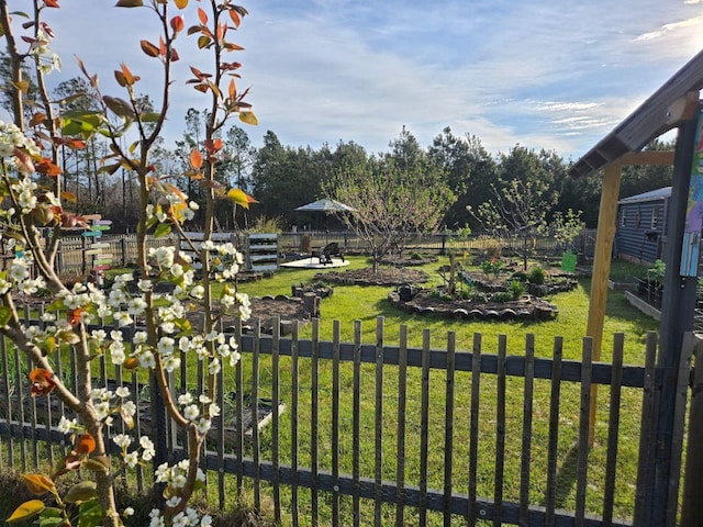 view of gate with a yard and a fenced front yard