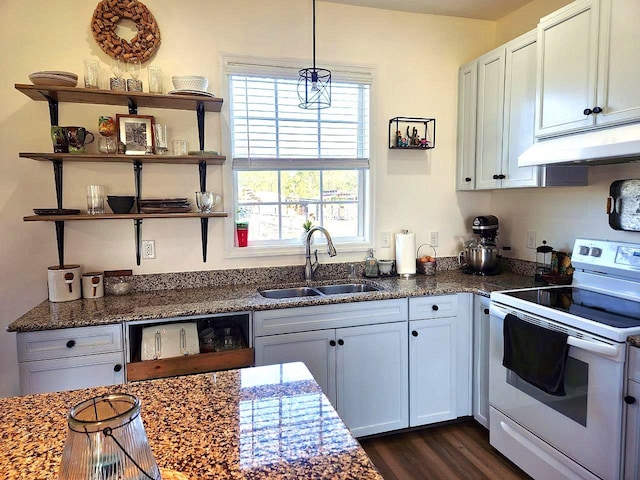 kitchen with under cabinet range hood, a sink, white range with electric stovetop, dark wood-style floors, and open shelves