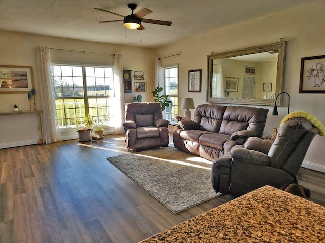 living room with a ceiling fan, a textured ceiling, and wood finished floors