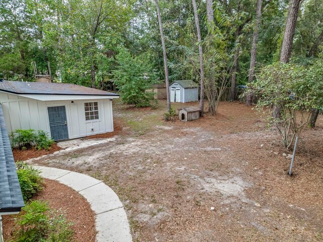 view of yard with a storage shed