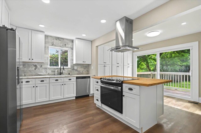 326 N 8th St, Quincy, FL 32351 - kitchen with appliances with stainless steel finishes, island range hood, white cabinetry, butcher block counters, and dark wood-style floors