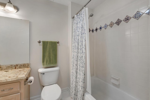 full bathroom featuring vanity, shower / bathtub combination with curtain, tile patterned floors, and toilet