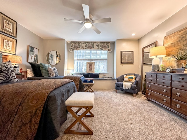 carpeted bedroom with recessed lighting and a ceiling fan