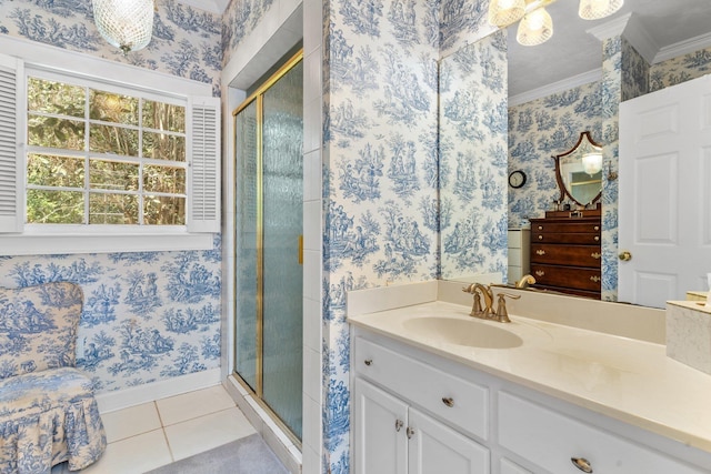 1244 Salem Rd, Havana, FL 32333 - bathroom with crown molding, vanity, tile patterned floors, and walk in shower