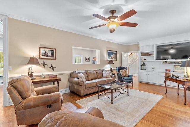 1244 Salem Rd, Havana, FL 32333 - living room with ornamental molding, ceiling fan, and light hardwood / wood-style flooring