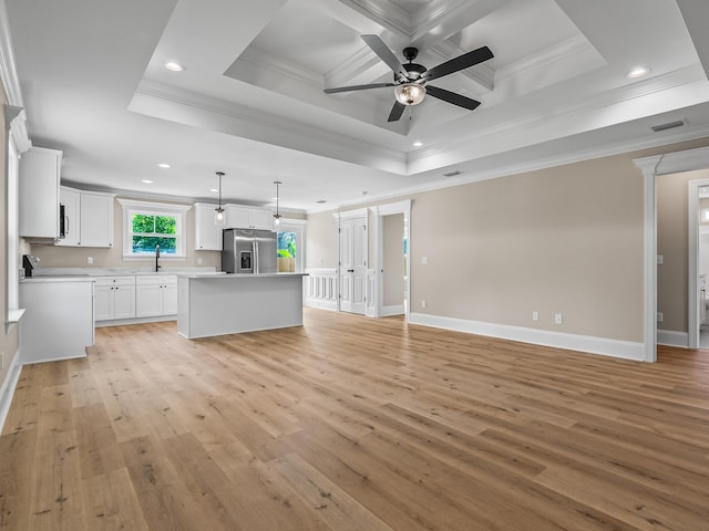 42 Duane Dr, Crawfordville, FL 32327 - unfurnished living room featuring light wood finished floors, crown molding, ceiling fan, and recessed lighting