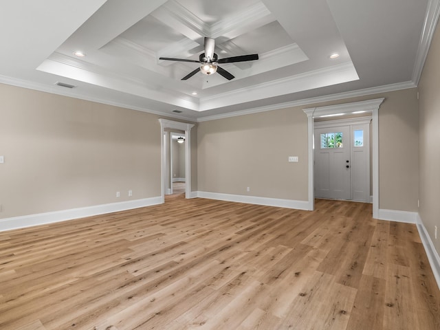 42 Duane Dr, Crawfordville, FL 32327 - unfurnished room with ornamental molding, ceiling fan, light wood finished floors, a raised ceiling, and recessed lighting
