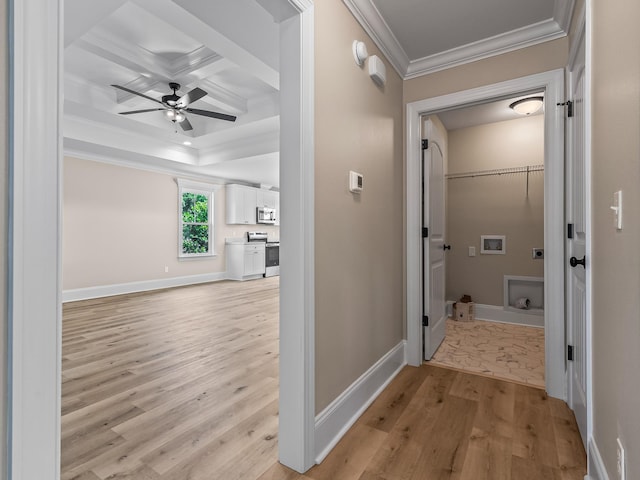 42 Duane Dr, Crawfordville, FL 32327 - corridor with light wood finished floors, ornamental molding, and beam ceiling