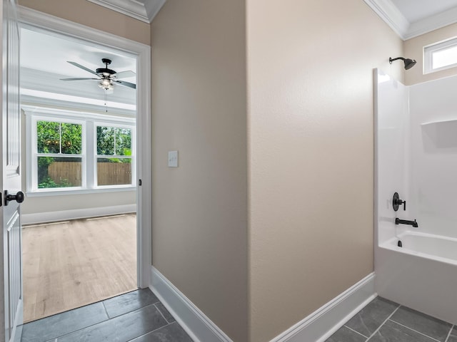 42 Duane Dr, Crawfordville, FL 32327 - bathroom with ornamental molding, shower / washtub combination, a ceiling fan, and tile patterned flooring