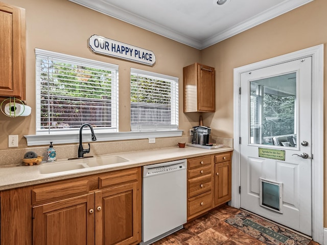 326 Willis Rd, Tallahassee, FL 32303 - kitchen with dishwasher, ornamental molding, light countertops, and brown cabinetry