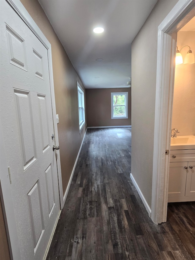 hallway with dark hardwood / wood-style floors and sink