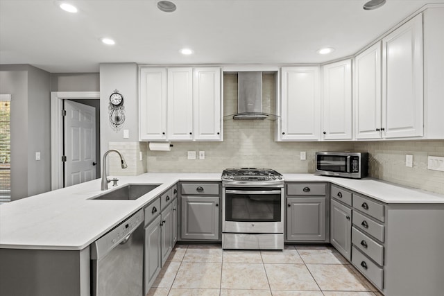 kitchen with sink, appliances with stainless steel finishes, gray cabinets, kitchen peninsula, and wall chimney range hood