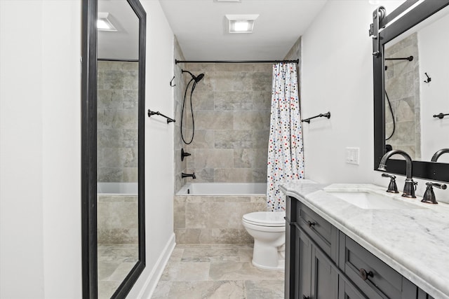 full bathroom featuring vanity, shower / bath combination with curtain, and toilet