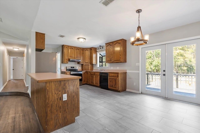 kitchen with french doors, black dishwasher, pendant lighting, a chandelier, and stainless steel electric stove