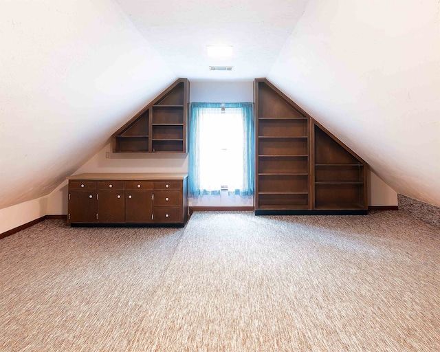 additional living space featuring light colored carpet and vaulted ceiling