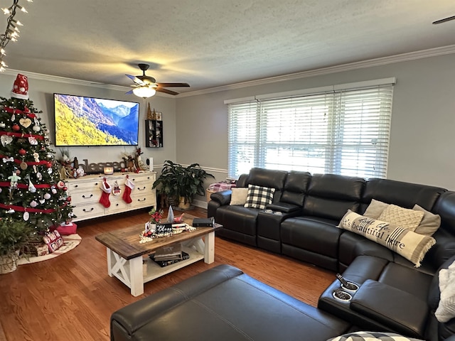 living area featuring a ceiling fan, crown molding, a textured ceiling, and wood finished floors