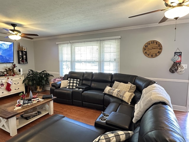 living room with ceiling fan, ornamental molding, dark wood-style flooring, and a textured ceiling