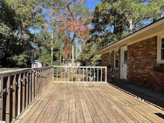 deck featuring a storage shed