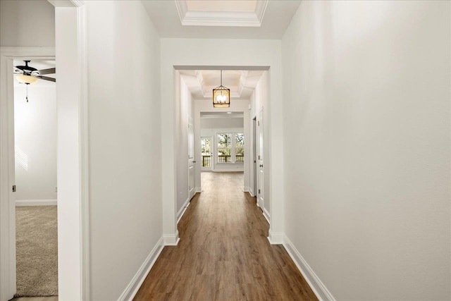 corridor featuring hardwood / wood-style flooring and a raised ceiling