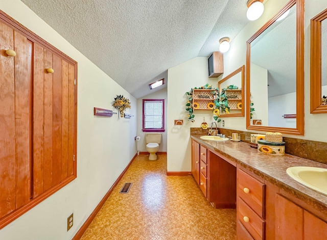 bathroom featuring vanity, toilet, a textured ceiling, and vaulted ceiling