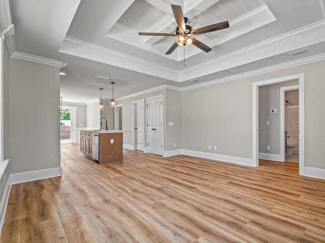 100 Kiowa Trl, Crawfordville, FL 32327 - unfurnished living room with baseboards, visible vents, a ceiling fan, light wood-style flooring, and a tray ceiling