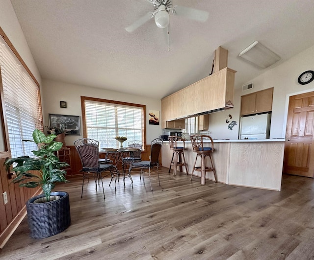 1268 Alligator Dr, Alligator Point, FL 32346 - dining room with wood finished floors, ceiling fan, lofted ceiling, and a textured ceiling