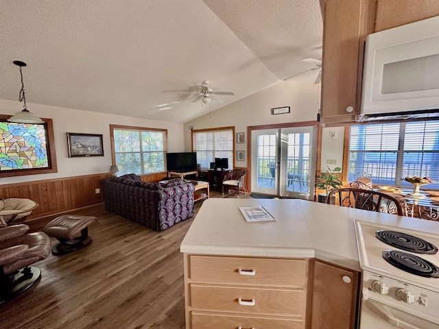 1268 Alligator Dr, Alligator Point, FL 32346 - kitchen with white appliances, open floor plan, ceiling fan, a textured ceiling, and wood finished floors