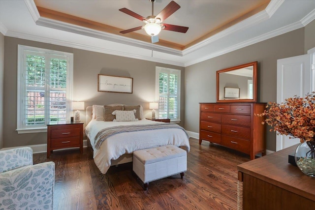 2642 Opequon Bnd, Tallahassee, FL 32312 - bedroom with a tray ceiling, crown molding, dark wood finished floors, and ceiling fan