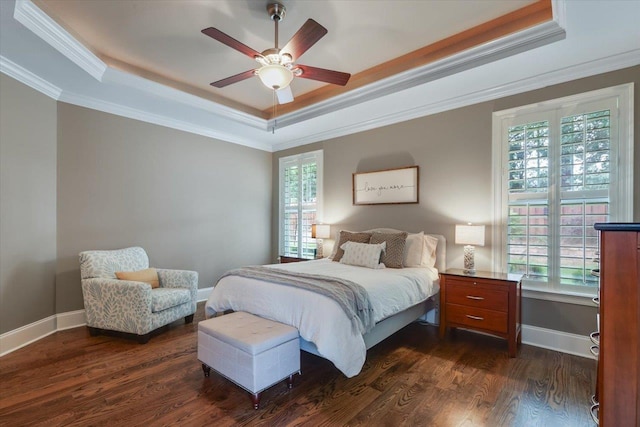 2642 Opequon Bnd, Tallahassee, FL 32312 - bedroom with a raised ceiling, crown molding, dark wood-type flooring, and ceiling fan