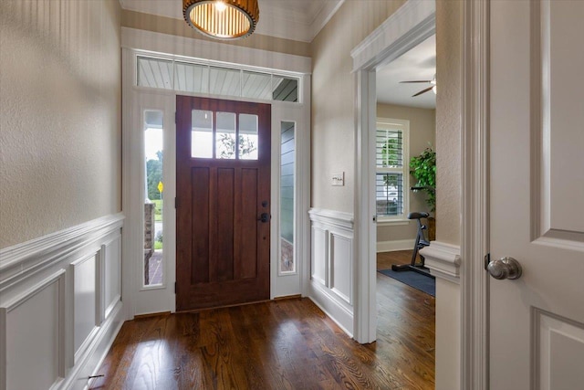 2642 Opequon Bnd, Tallahassee, FL 32312 - foyer with dark wood-style flooring, wainscoting, a decorative wall, ceiling fan, and a textured wall