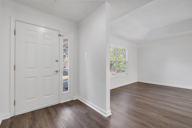 entryway featuring a raised ceiling, a textured ceiling, and dark wood-type flooring