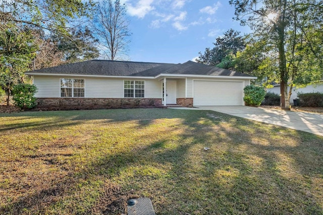 ranch-style house featuring a front yard and a garage