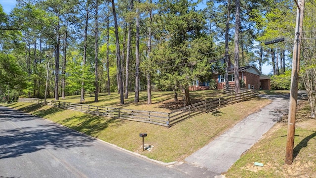view of front of home featuring a fenced front yard and aphalt driveway