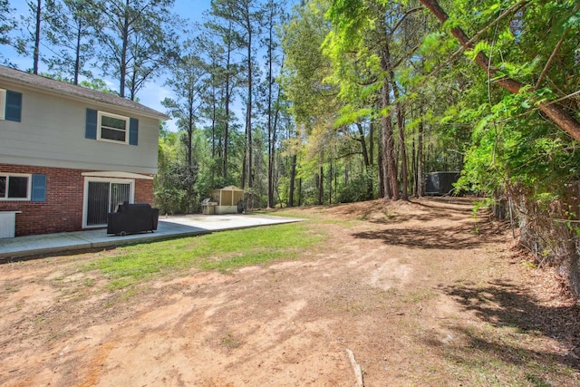 view of yard with an outdoor structure and a patio