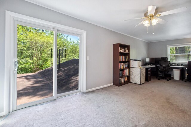 unfurnished office featuring carpet flooring, ceiling fan, and crown molding