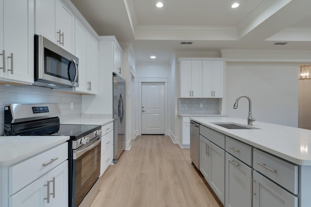 kitchen featuring white cabinetry, sink, a raised ceiling, an island with sink, and stainless steel appliances