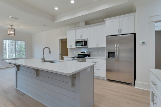 kitchen featuring sink, stainless steel appliances, a kitchen island with sink, and a tray ceiling