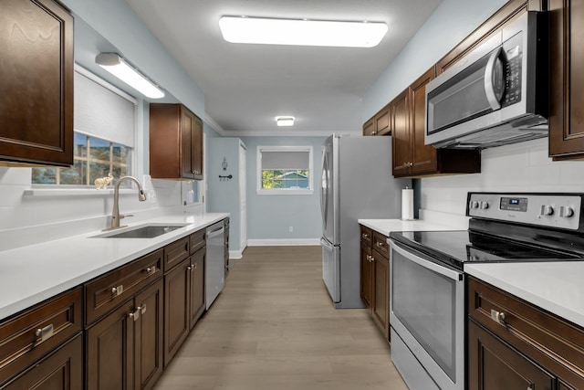 kitchen with dark brown cabinetry, sink, stainless steel appliances, light hardwood / wood-style flooring, and backsplash