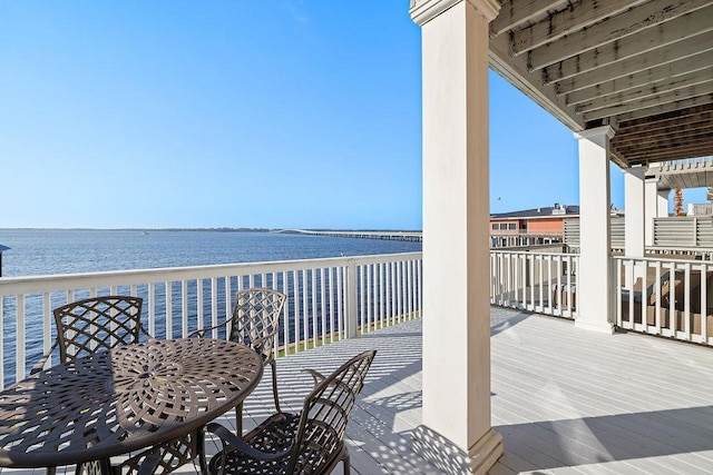 deck featuring a water view