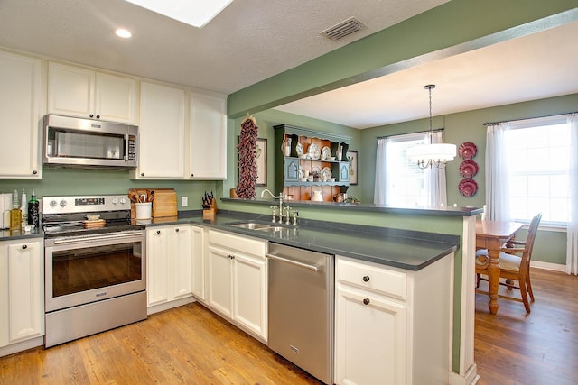 kitchen featuring light wood-type flooring, kitchen peninsula, sink, and stainless steel appliances