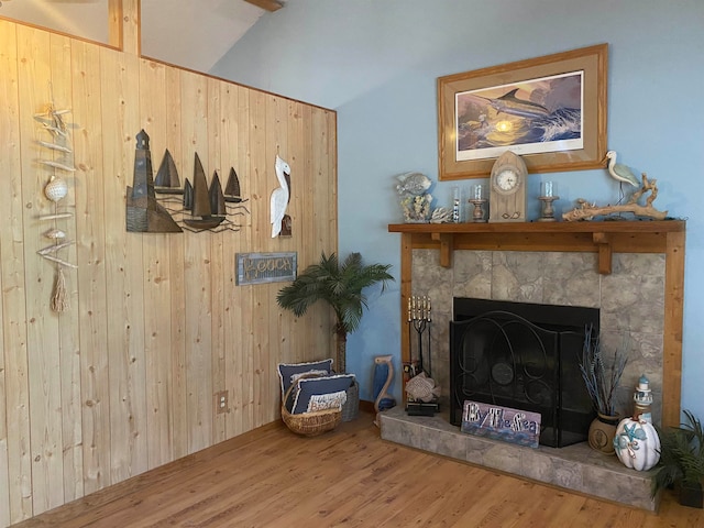 details featuring wood walls, hardwood / wood-style flooring, and a fireplace