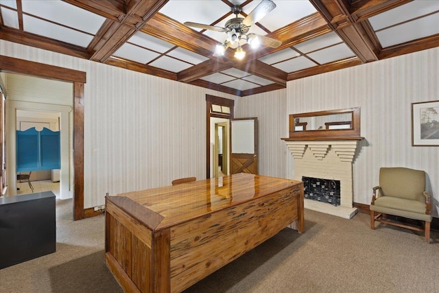 315 W Green St, Perry, FL 32347 - carpeted office featuring a ceiling fan, a brick fireplace, coffered ceiling, and beam ceiling