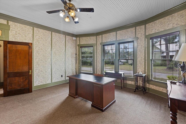 315 W Green St, Perry, FL 32347 - home office with dark carpet, crown molding, and ceiling fan