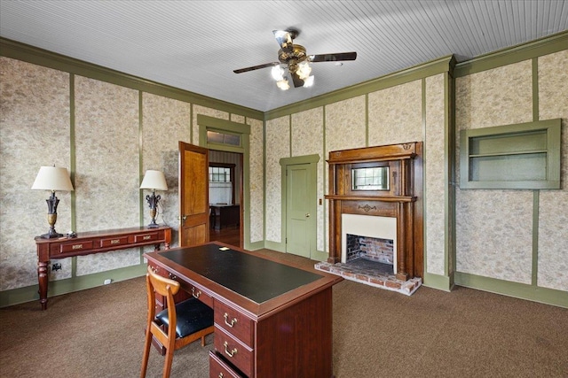 315 W Green St, Perry, FL 32347 - carpeted office space with ornamental molding, wallpapered walls, ceiling fan, and a fireplace with raised hearth