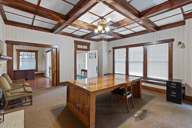 315 W Green St, Perry, FL 32347 - carpeted office featuring a ceiling fan, wallpapered walls, beamed ceiling, and coffered ceiling
