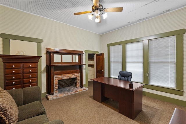 315 W Green St, Perry, FL 32347 - carpeted office featuring ceiling fan and a brick fireplace