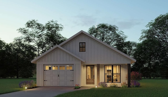 953 Cap Tram Rd, Tallahassee, FL 32317 - modern farmhouse featuring a garage, driveway, a front yard, and board and batten siding