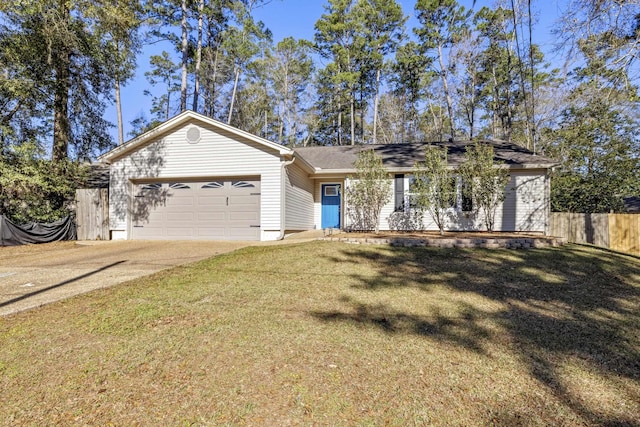 ranch-style home with a garage, a front yard, concrete driveway, and fence